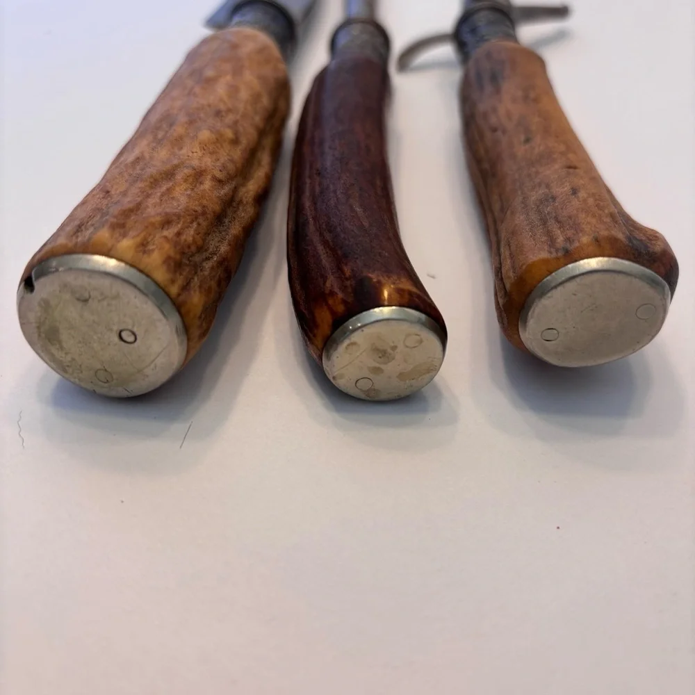 Antique Vintage Antler Handle Handle Carving Set w/ Silver Plated Ferrules Rare - Picture 3 of 14